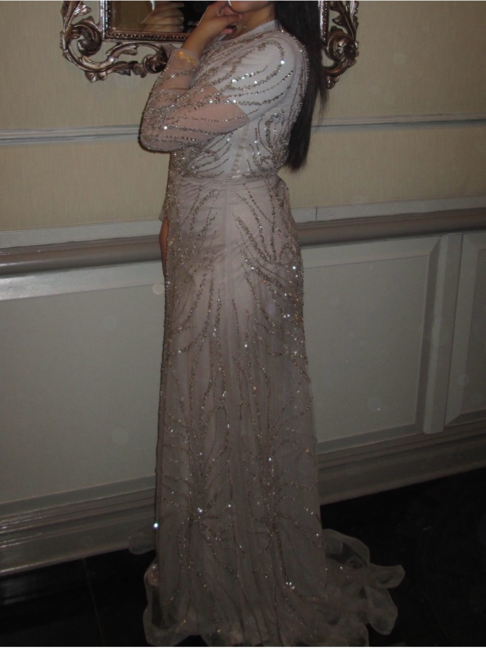 Elegant Long Sleeve Sequin Evening Dress in Light Blush